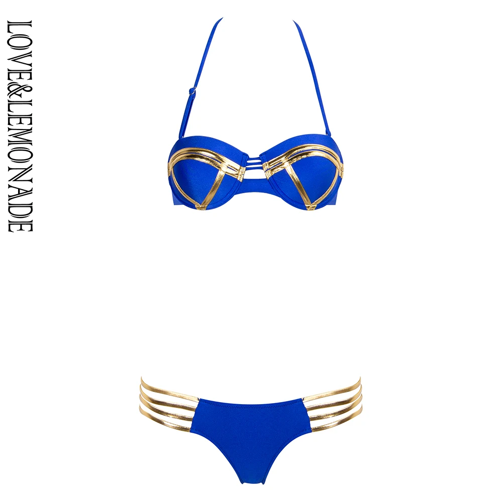 

LOVE&LEMONADE Sexy Blue And Gold Tube Top Two-pieces Cutout Bikini LMS11
