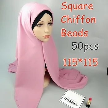 

V2 50pcs High quality bead square chiffon hijab 115 *115cm wrap shawls women scarves scarf long shawl top sell