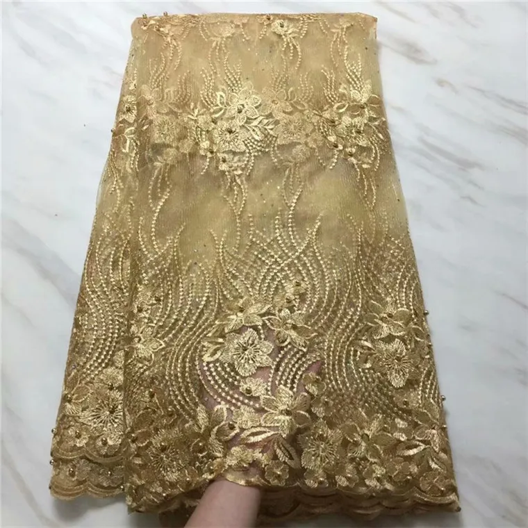 

gold Latest French Nigerian Lace Fabrics High Quality stone beads Tulle African Laces Fabric Wedding African French Tulle Lace