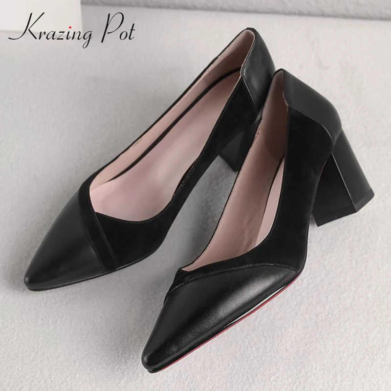 

Krazing Pot 2019 hot sale new arrival cow leather pointed toe high heels slip on career shallow European simple style pumps L50