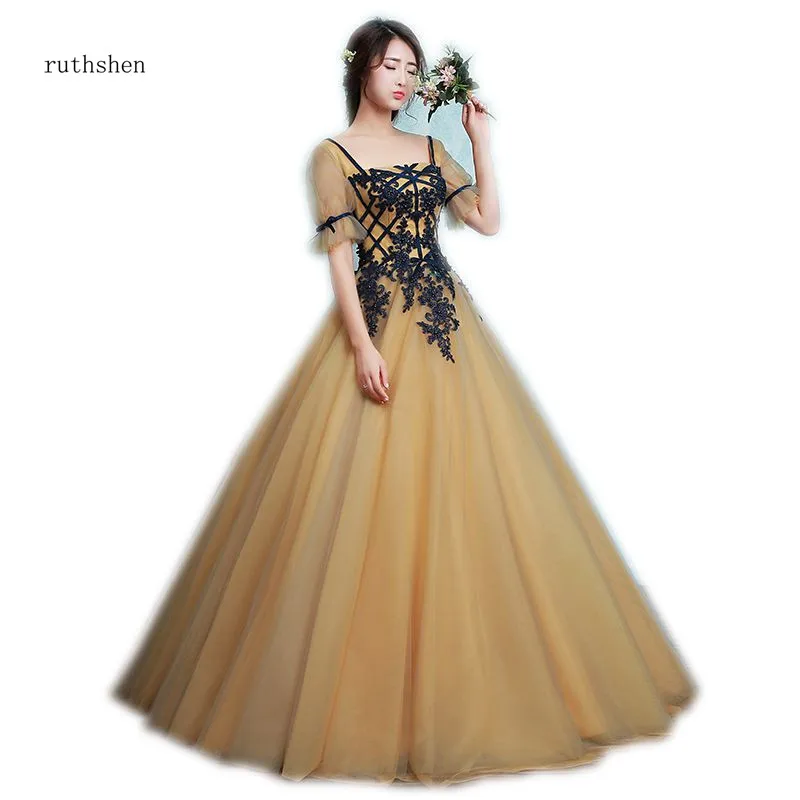 Ruthshen платья Quinceanera желтого цвета с черными аппликация буфами на рукавах вечернее