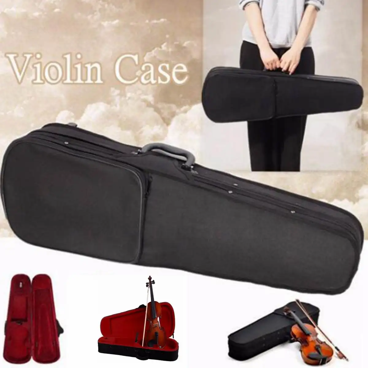 

Portable Violin Case Black Oxford Fabric + Flannelette + Foam Triangle Shape with Red Lining Violin Parts & Accessories Durable