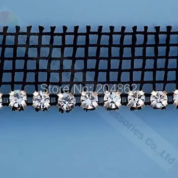 

10yards 1 row Handmade clear crystal rhinestone trim with one-side Black White fabric mesh Silver Cups For Garment browband bags