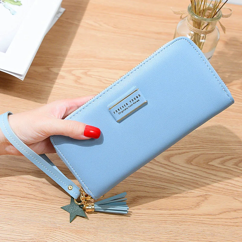 

PADEGAOWomensWallet Wristlet New Female Purse Clutch Bag Tassel Star Multi-function Long Design Large Capacity Blue Wallets Girl