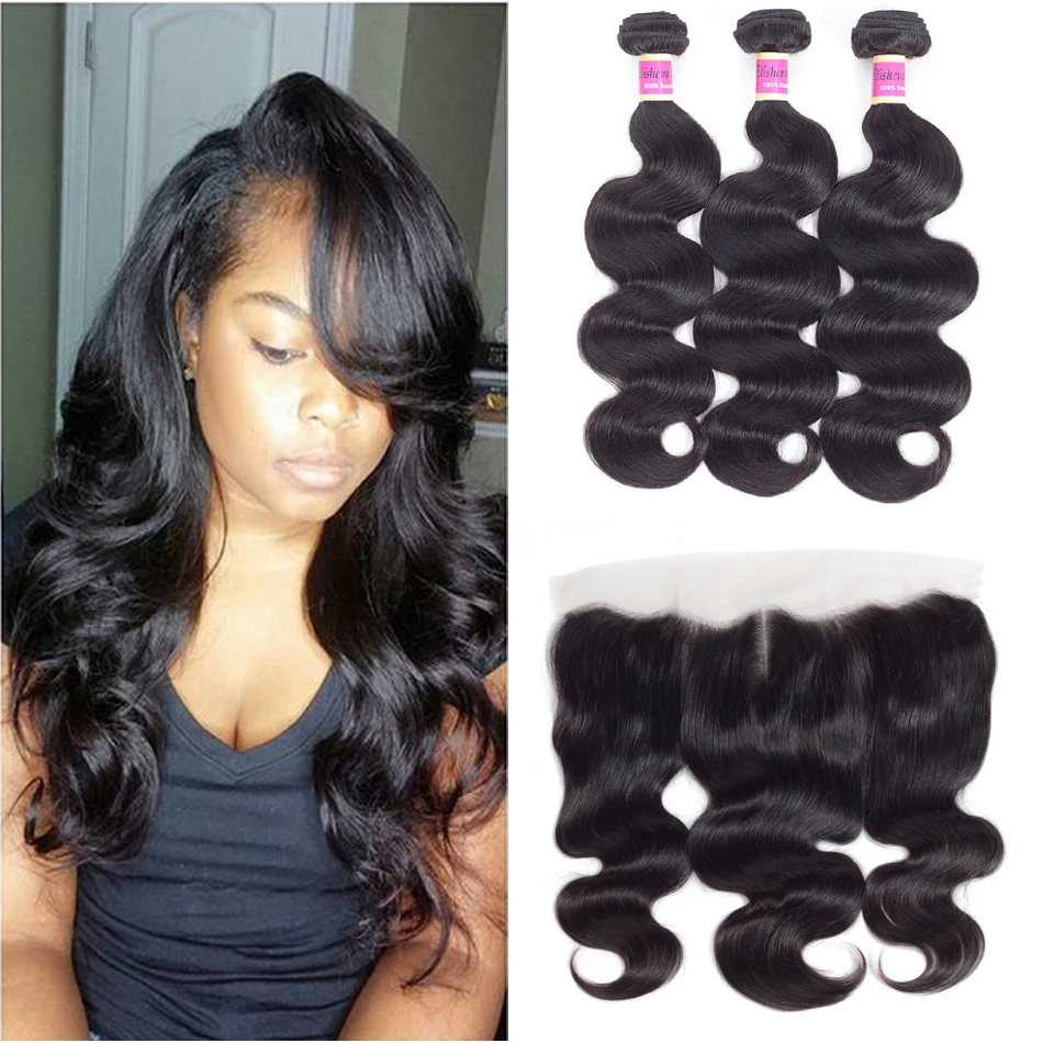 

Elisheva Hair Peruvian Body Wave Human Hair Bundles With Frontal 13x4 Lace Frontal Closure With 3 Bundles Non-Remy Hair Weaves