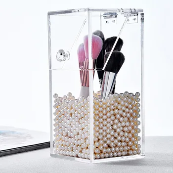 

Makeup Brush Holder Pearls Organizer Acrylic Plastic Clear Cosmetic Brush White Pink Pearls Storage Box With Lid Cover