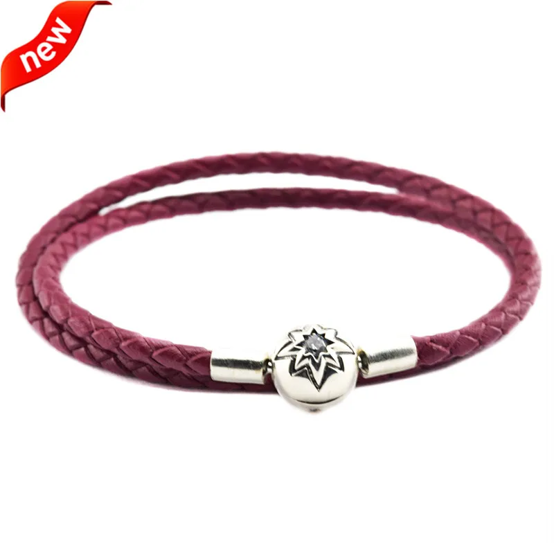 

Fits European Charm Bracelet Burgendy Leather Bracelets and Necklaces for Women 925 Sterling Silver Starry Sky Clasp Fandola DIY