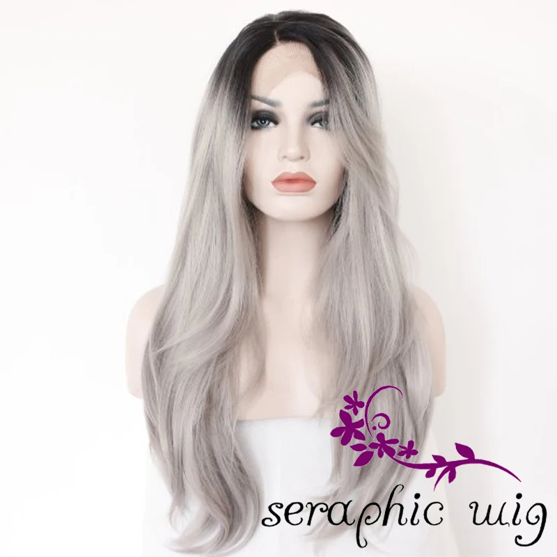 Hot Halloween Ombre Grey Wig Natural Long Straight Hair Heat Resistant Synthetic Wigs Glueless