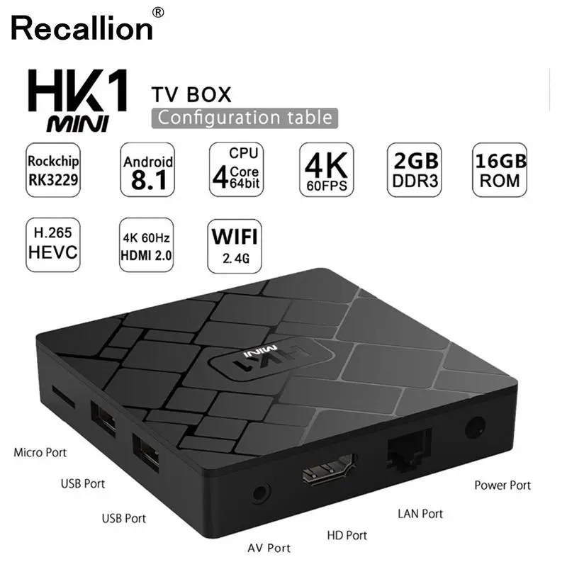 Новый, HK1 мини Smart tv BOX Android 8,1/Android 9,0 2 ГБ + 16 Гб RK3229 четырехъядерный wifi 2,4G 4 K 3D HK1mini Google Netflix телеприставка