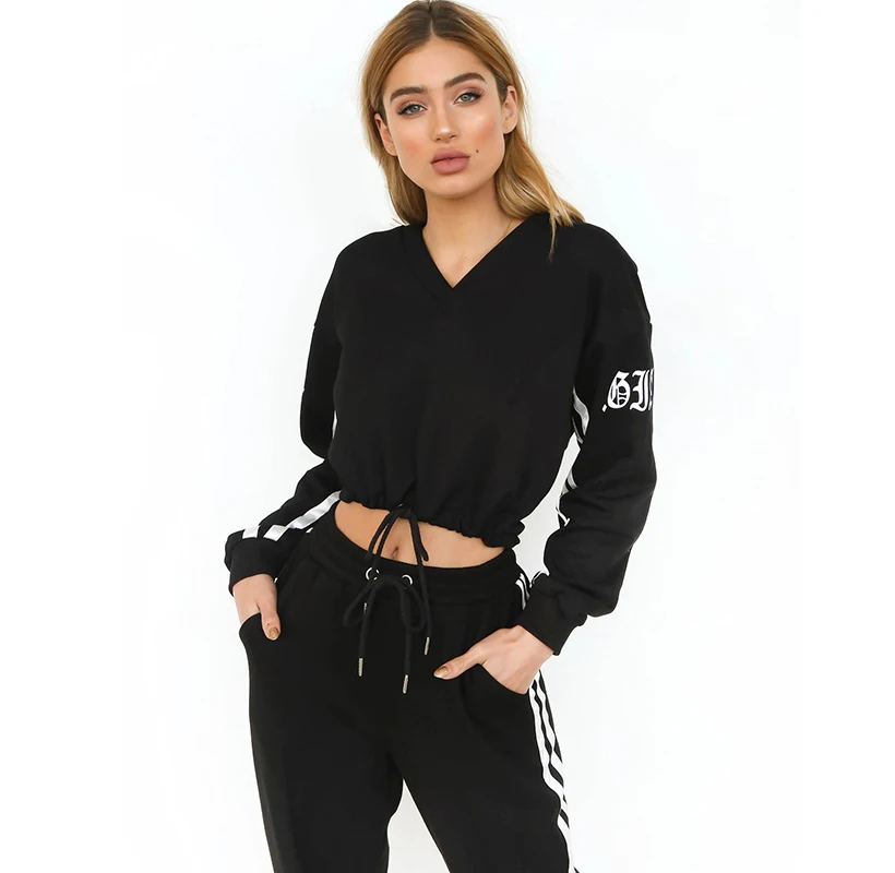

Black stripes tracksuit for women crop tops two piece set hoodies sweatshirts casual sporting women's suits