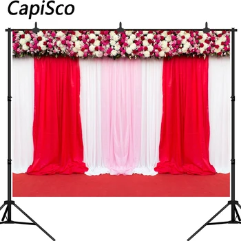 

Capisco Red Curtain Wall Wedding Floral Photography Backdrops Printed Flower Blossoms Stage Party Themed Photo Booth Background