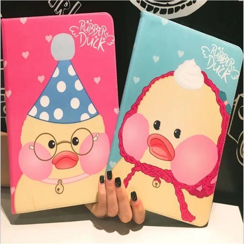 

2017 new arrive cute duck pattern leather cover for ipad 2 3 4 common brand quality cartoon tablet case with smart sleep