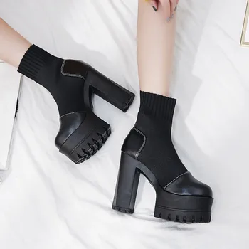 online Ymechic 2019 Outono Nova Chegada Tricô Tornozelo Retalhos Gótico Punk Sapatos Plataformas Mulheres Equitação De Salto Alto Botas Curtas Botas