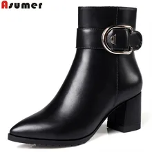 ASUMER/горячая распродажа; Новое поступление; женские ботинки; черные ботильоны из натуральной кожи на молнии с острым носком и пряжкой; квадратный каблук; большие размеры 32-45