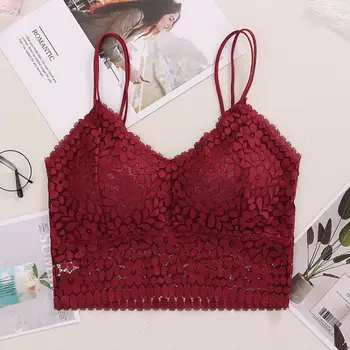 

Sexy Lace Floral Padded Crochet Vest Wireless Bralette Seamless Deep V-Neck Lace Women Tank Tops