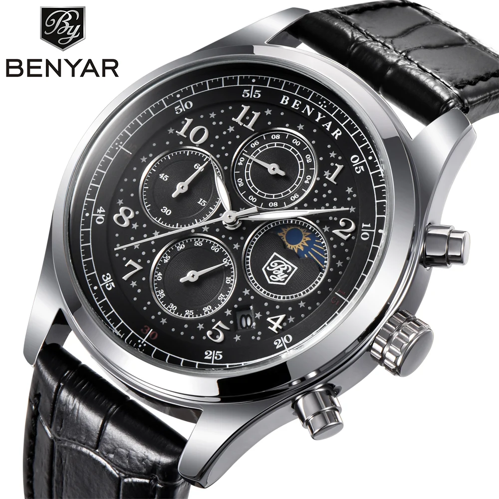 

BENYAR Mens Watches Top Luxury Moon Phase Full Steel Quartz Chronograph Watch Sports Military Waterproof Wrist Watch Hour Clock