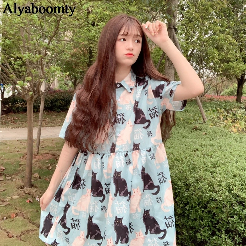 

Japanese Harajuku Summer Women Lolita Dress Turn-Down Collar Cat Print Casual Loose Dress Short Sleeve Elegant Cute Kawaii Dress