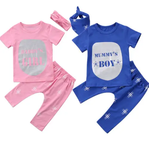 

Sweet Twins Matching 3Pcs Newborn Baby Girls Boys Short Sleeve Cotton T-shirt Romper+Pants Headband Scaves Outfit Clothes