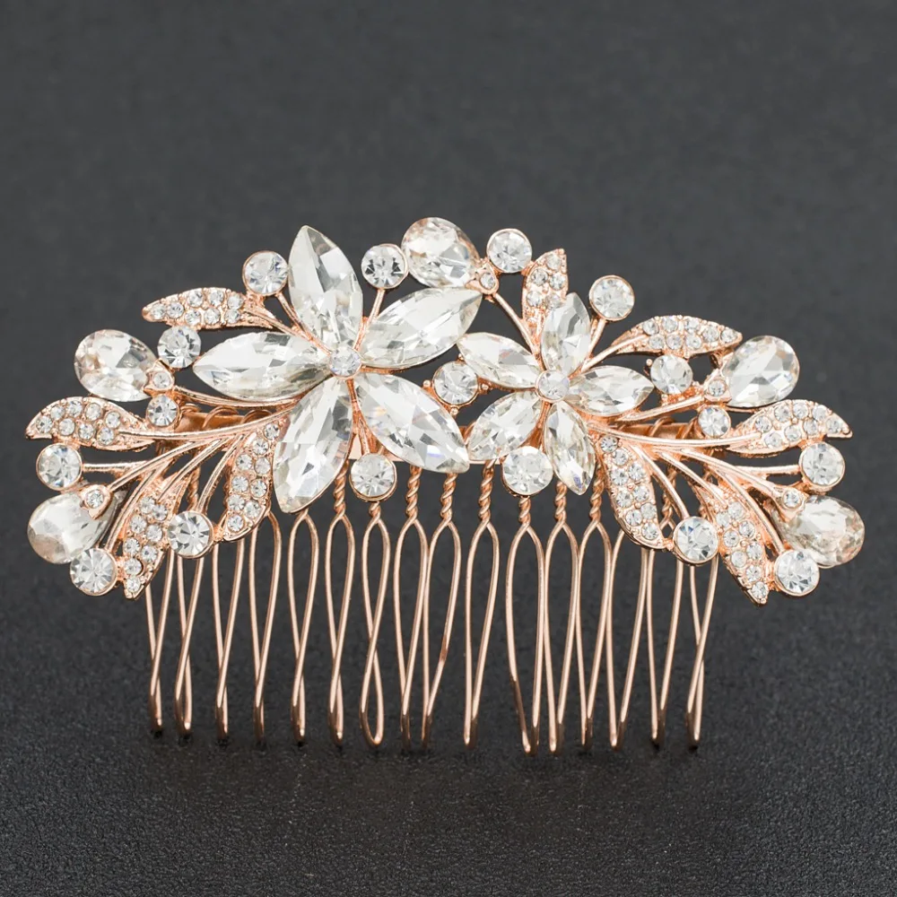 Rose Gold Rhinestone Crystals Flower Wedding Bridal Hair Side Comb