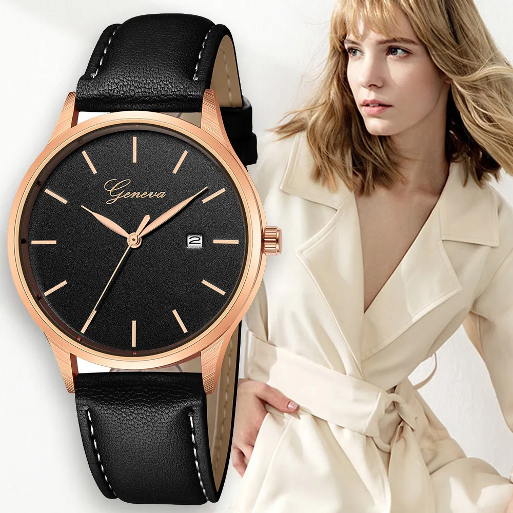 Часы Geneva montres femme женские наручные часы с кожаным ремешком и датой деловые мужские