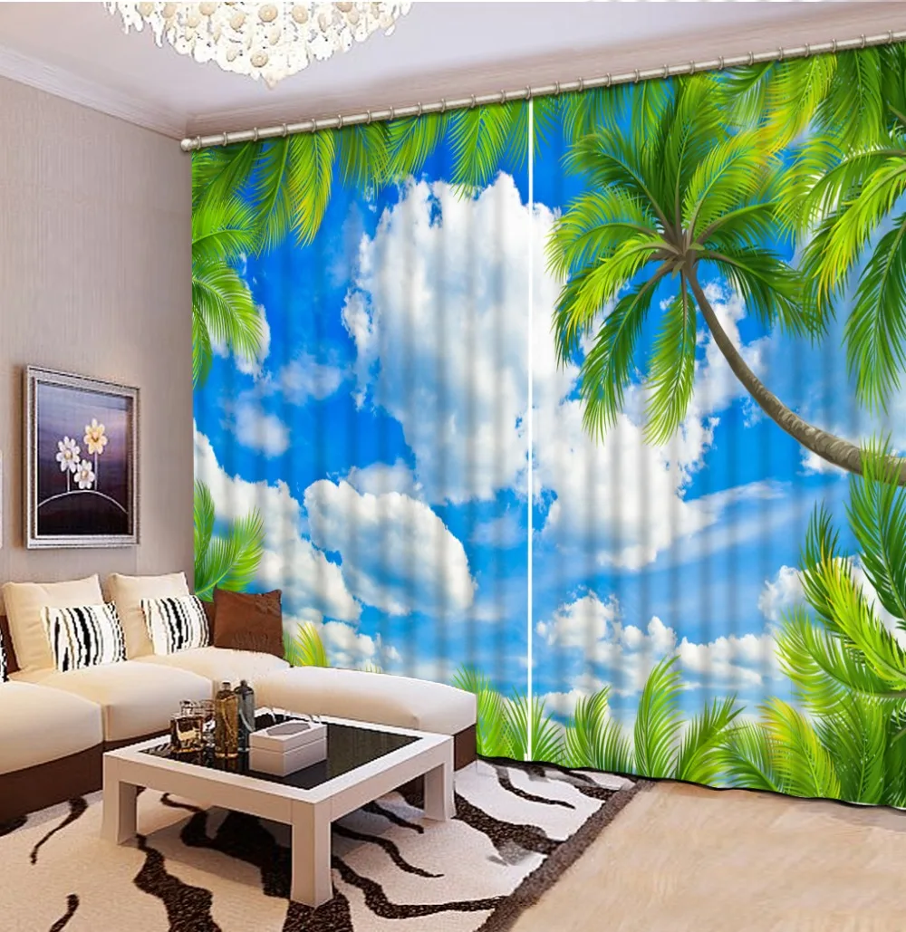 

custom 3d curtains painting Blackout Curtains For Living Room Coconut tree blue sky Window Curtain 3D Curtains