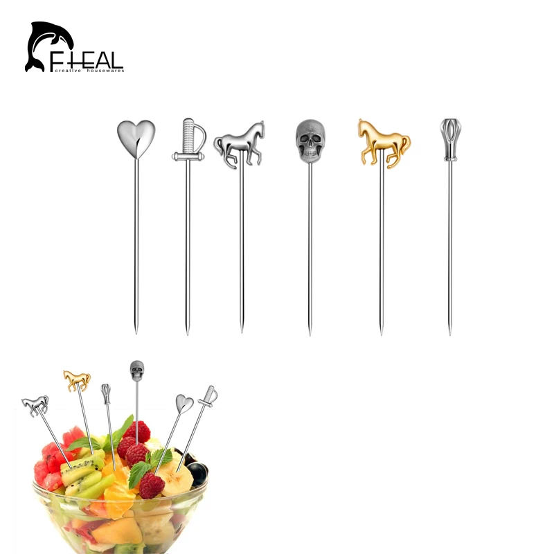 FHEAL 6pc/set Cocktail Pick Fruit Stick Fork Drink Martini Stick