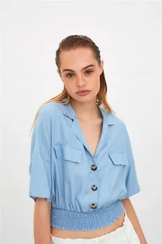 

Summer Style Short Blouse 2019 Designer Brand Clothing Women Short Sleeve Beautiful Tencel Cotton Blue denim Shirts