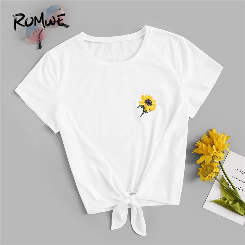 

ROMWE White Knot Front Sunflower Embroidered Tee Women Summer 2019 New Fashion Round Neck Short Sleeve Casual T Shirts Tops