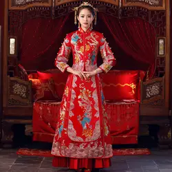 Невесты Cheongsam Винтаж китайский стиль свадебное платье ретро тост Костюмы Леди Вышивка Феникс брак Qipao красная одежда