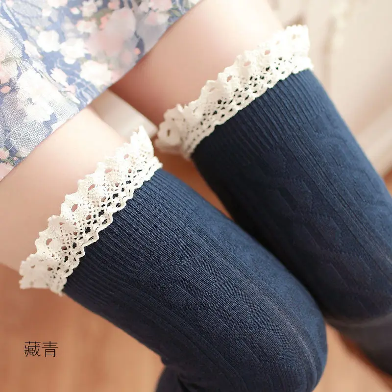 

women high quality twist cotton lace over knee socks warm tube stocking