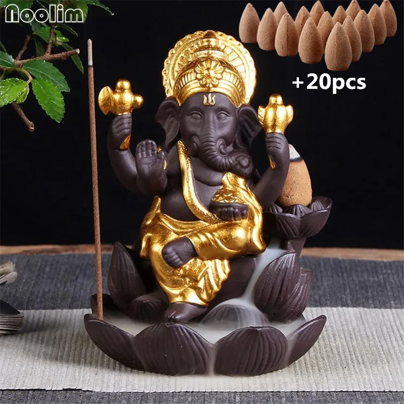 

Ganesha Backflow Incense Burner Elephant god Emblem Auspicious and Success Ceramic Cone Censer Home Decor