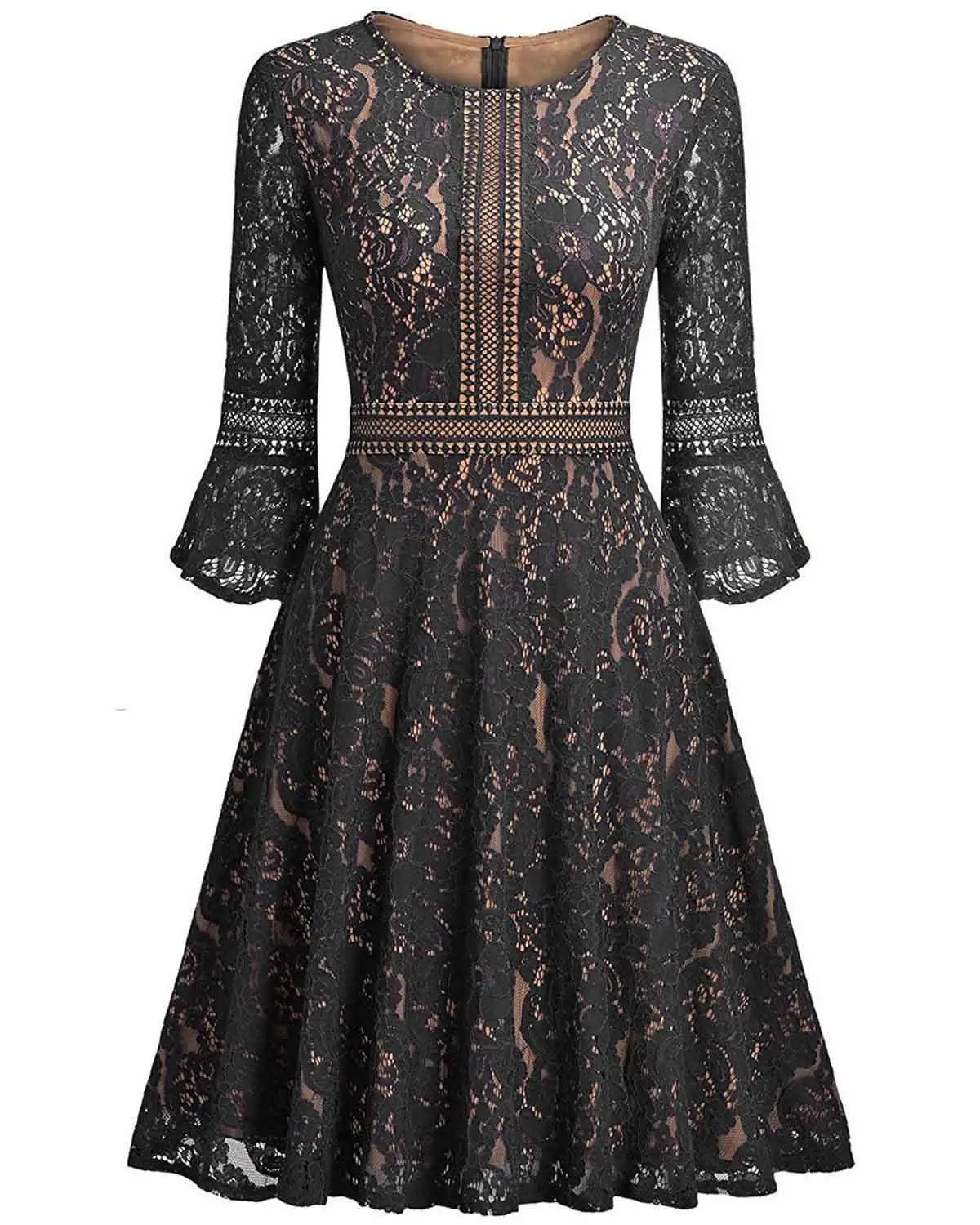 Женское винтажное платье трапециевидной формы с длинными кружевными контрастными расклешенными рукавами, вечерние платья, Vestido de festa - Цвет: Черный