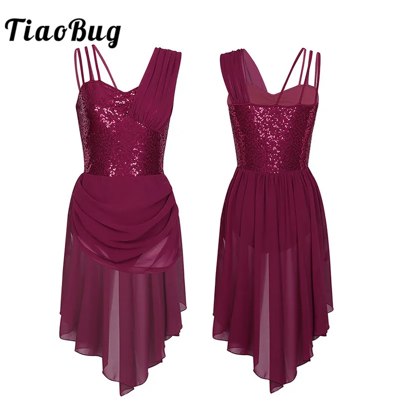 

TiaoBug Women Spaghetti Straps Sequins Ballet Tutu Irregular Chiffon Dress Adult Ballet Gymnastics Leotard Stage Dance Costumes