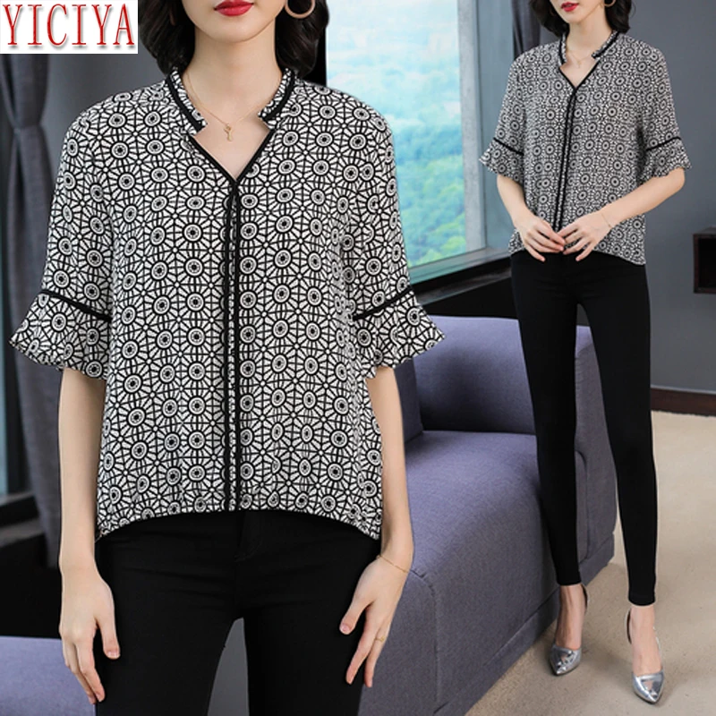 

Black Polka Dot Blouse Plus Size Women Vintage Print Silk Chiffon Blouses Ruffles Sheer Shirt V-neck 2020 Summer Loose Clothing