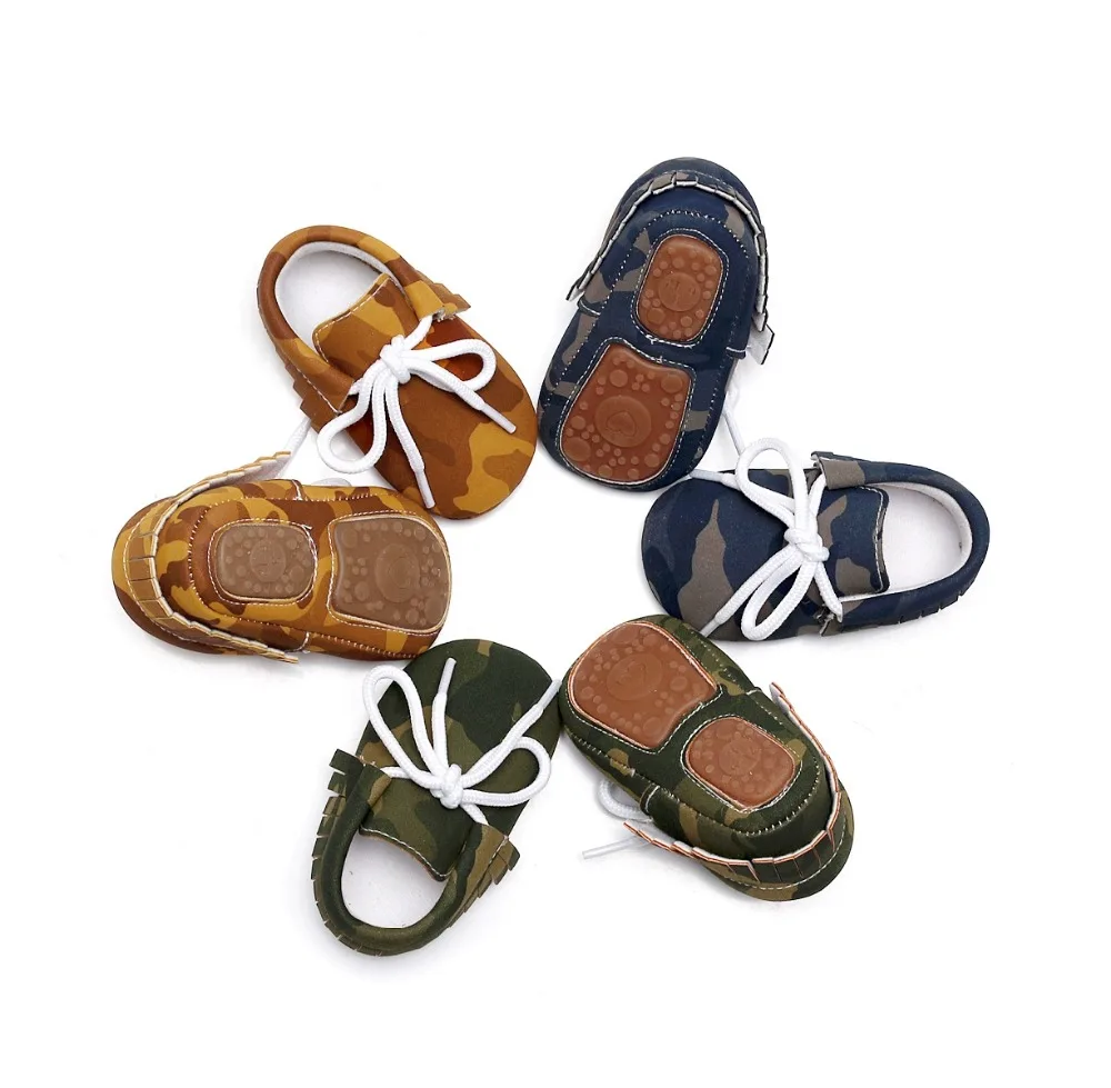

2020 New pu Leather Baby Moccasins Shoes camouflage lace up Baby Shoes hard rubber sole Newborn first walker Infant Shoes