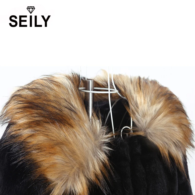 Seily Winter Fake Raccoon Dog Fur Trim Collar Long Hair Sleeve Fluffy Jacket Faux Black Rabbit Fur Furry Coat  Women Cardigan