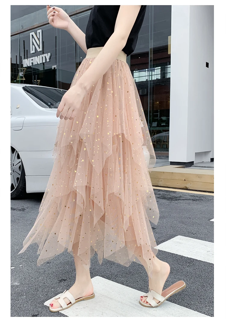 Women's Skirts Summer 2020 New Korean Stars Sequin Elegant High Waist A-line Pleated Elastic Belt School Spring Midi Skirt Femme