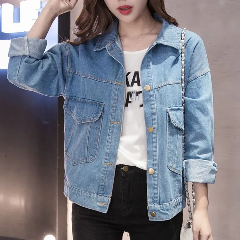 

Fashion 2019 Spring Women Big Size Denim Jacket Summer Basic Button Pocket Coat Blue Wash Plus Size Full Sleeve Jeans Jacket