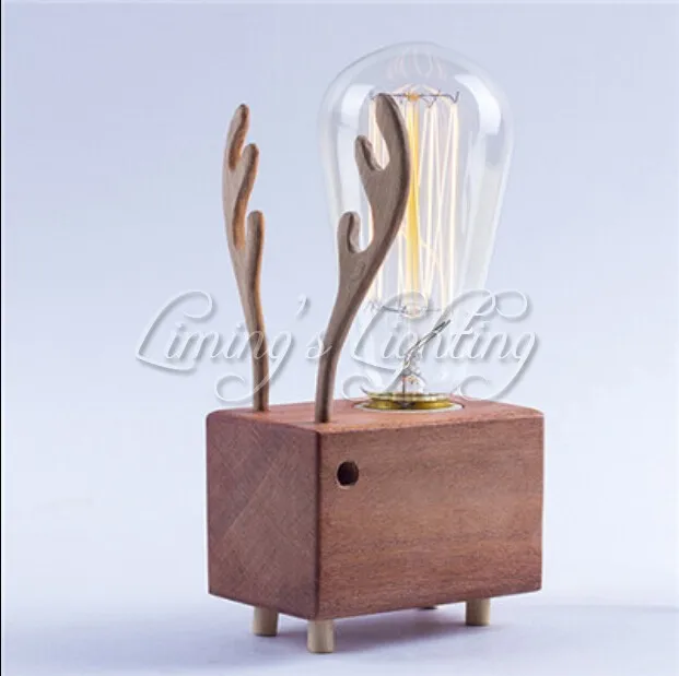 Edison Bulbs Wooden shade Handmade Creative Oak Wood LED Night Table