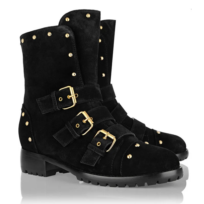 

Rivets Embellish Woman Boots Metal Belt Buckle Short Booties Suede Ankle Boot Med Heel Side Zipper Women Shoes Hommes Chaussures