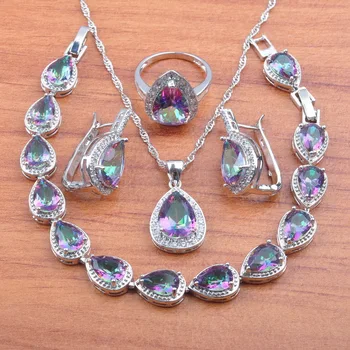 

Bridal Jewelry Sets Water Drop Rainbow Zirconia Silver Color Earrings Necklace Pendant Rings Bracelet Sets JS0587