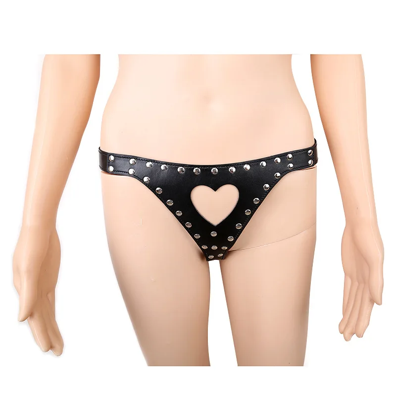Sexy Metal Studded Faux Leather Open Cup Bra Top Hollow Out Heart Shape Thong Bikini Underwear Lingerie Set Fetish Costume