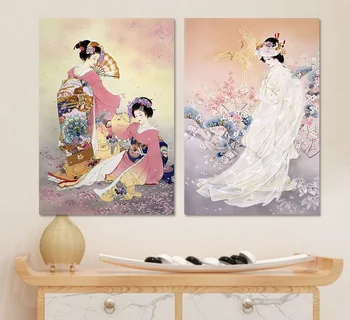 

Japan Style Pictures Decorating Plum Flower Pink Kimono Lady Canvas Print Wall Art Painting for Living Room Unframed