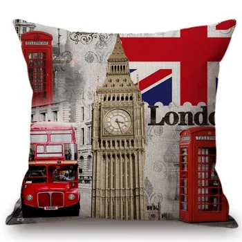 

London Street View Big Ben Paris Eiffel Tower Colosseum Landmark Scenery Home Decorative Throw Pillow Stamps Style Cushion Cover