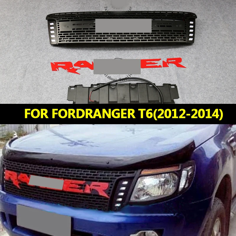 

FIT FOR RANGER T6 TXL 2012-2014 FRONT RACING GRILLE WITH LED GRILLS ABS FRONT CAR MASK COVER DRL
