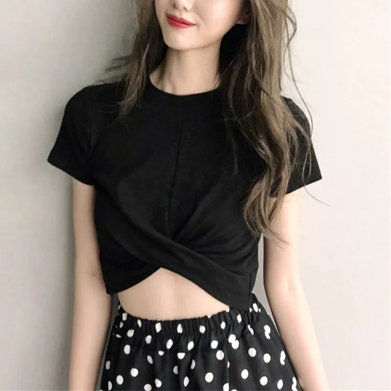

2019 Summer Tops CROSS Women T-Shirt Tie Front O-Neck Short Sleeve T Shirt Bow slim fit Casual Tee Shirt Female Crop Top waist