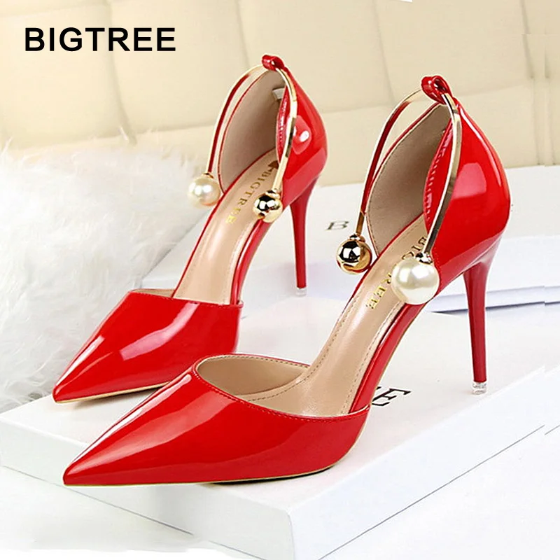 BIGTREE Pearl Metal Buckle Women's Sandals Solid Patent Leather Women High Heels Sandals Fashion Brand Shoes Women