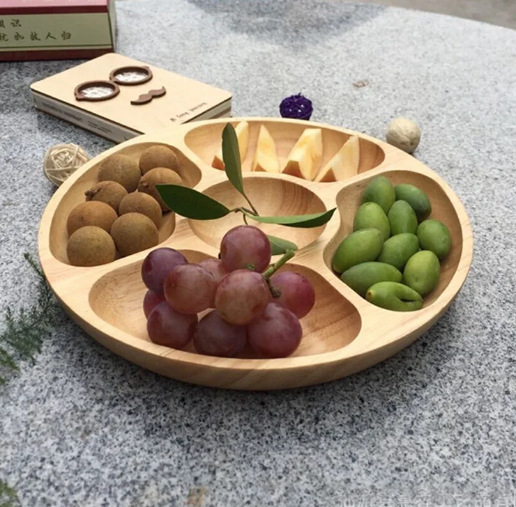 Экологическая креативная столовая посуда с порционными отделениями Высококачественная деревянная тарелка для фруктов круглая чаша для фруктов контейнер 7