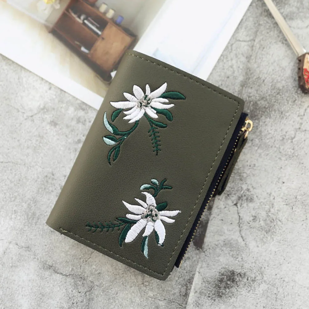 

Card Holder Flower Embroidery Purse Leather Short Cash Print Wallet Pocket