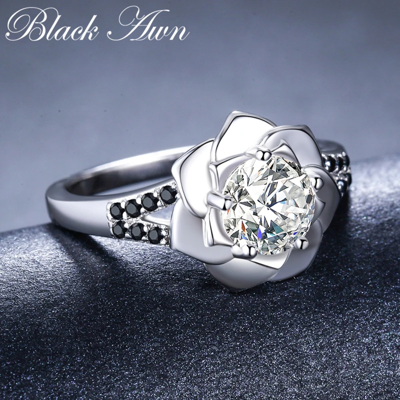 Flower New Romantic Silver Color fashion jewelry Engagement Black Spinel Engagement Ring for Women Anillos Mujer G073 silver rings silver ring